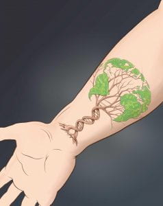 DNA helix growing into tree, printed on person's foremarm skin