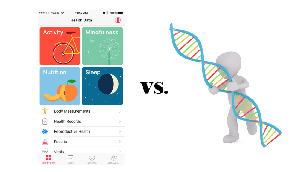 A screenshot of the iPhone "Health" modules, versus a person holding onto a DNA double helix