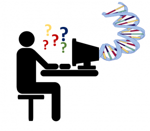 DNA helix is being fed into someone's computer screen but only confusion comes out the end.