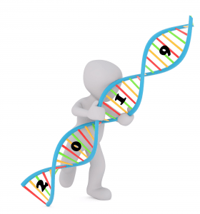 Person holding DNA helix with the year "2019" inset